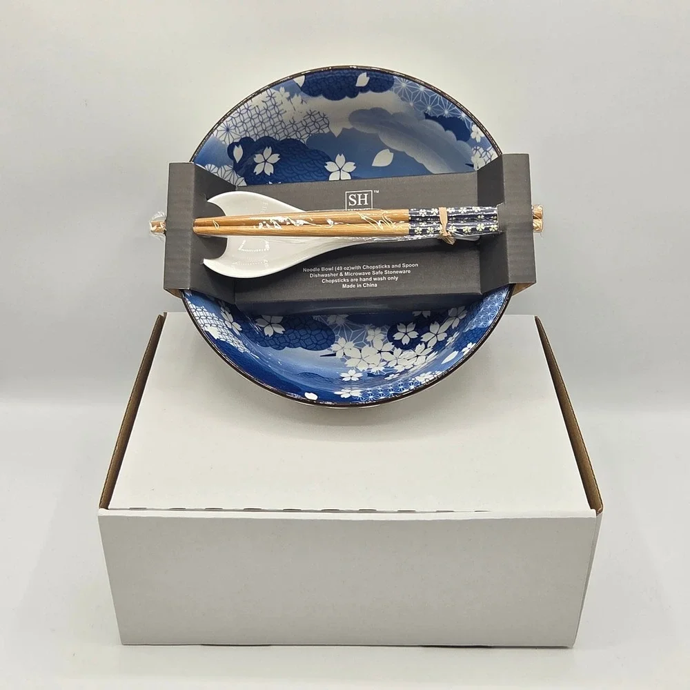 SH Home Blue Floral Ceramic Ramen Noodle Bowl 49oz With Chopsticks And Spoon 4pc